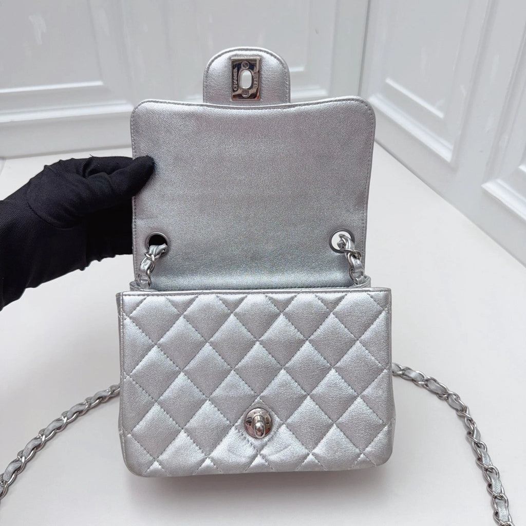 Chanel Classic Flap Mini Lambskin Silver Diamond Chain Shoulder Bag Crossbody