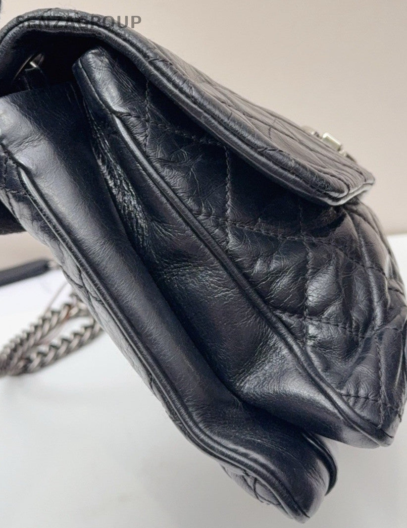 Chanel Classic Flap MM Chain Shoulder Bag Black Silver Used Women Designer