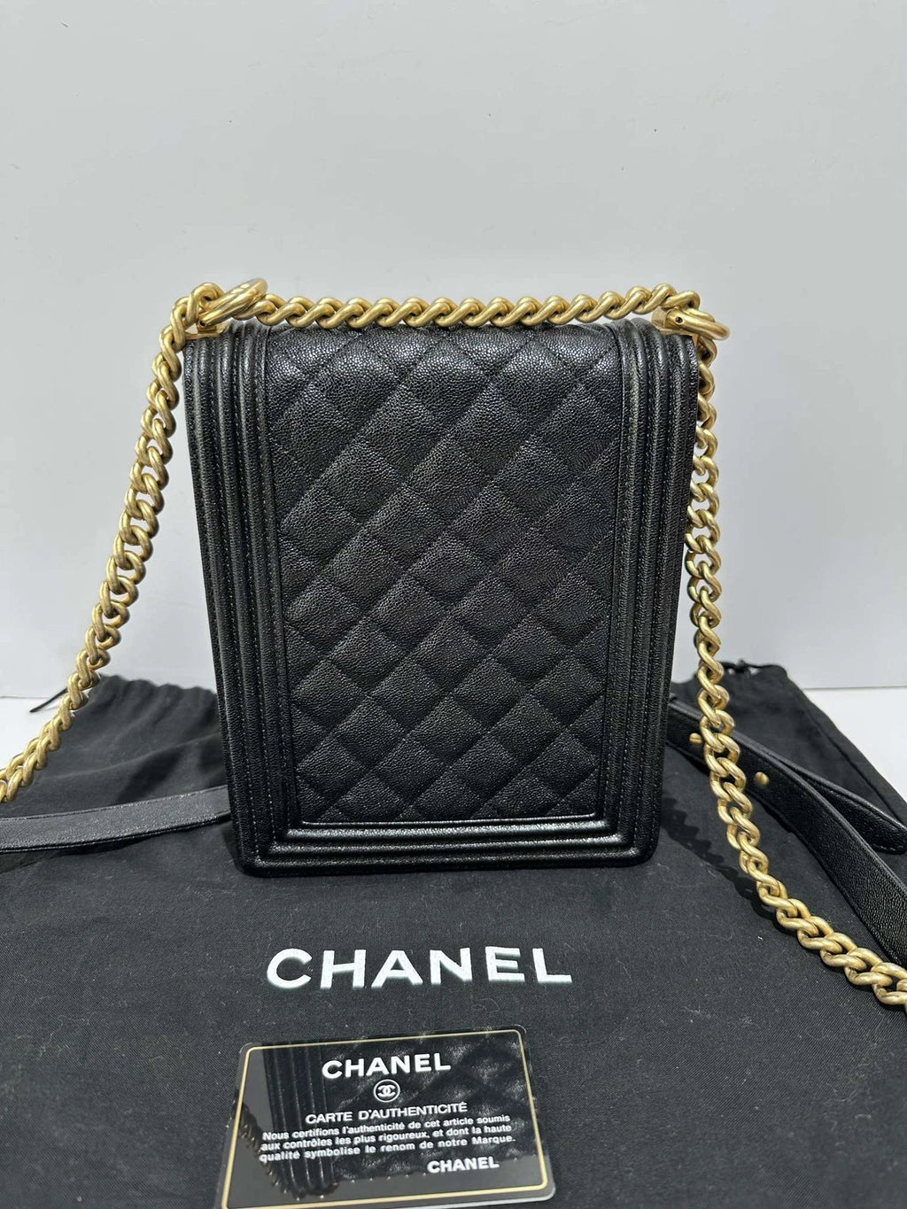 CHANEL Vertical Leboy Black Gold Leather Shoulder Bag For Women
