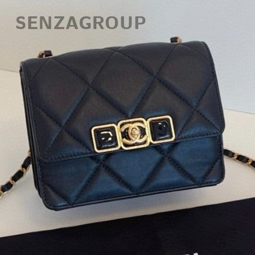 Chanel 22A Classic Flap Calfskin Diamond Chain Crossbody Black Gold Women