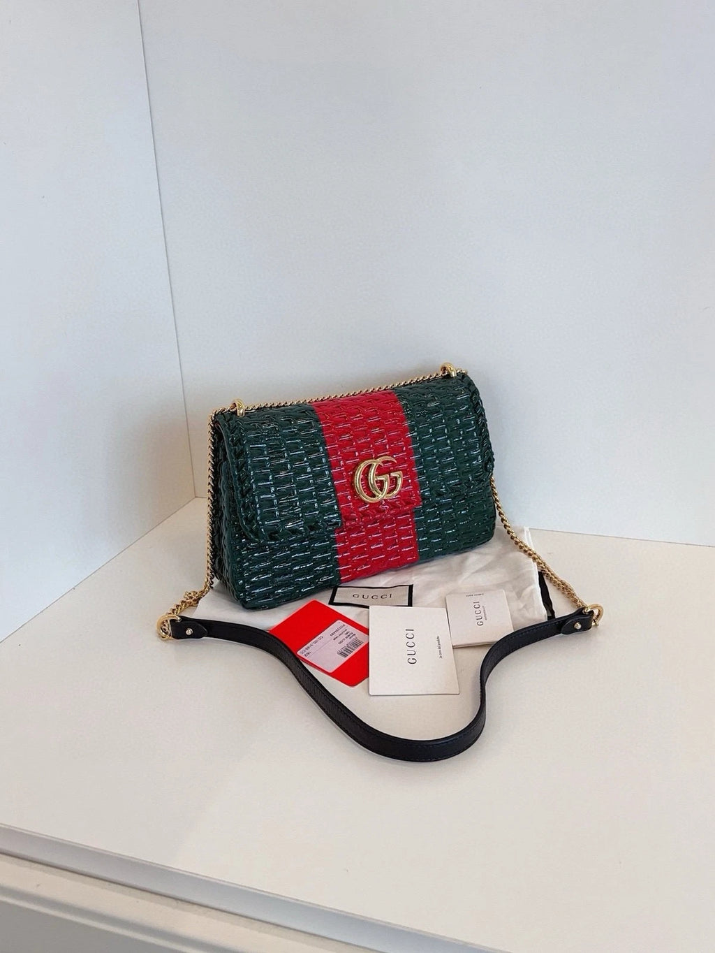 Gucci Women Green Red Striped Woven Chain Shoulder Bag