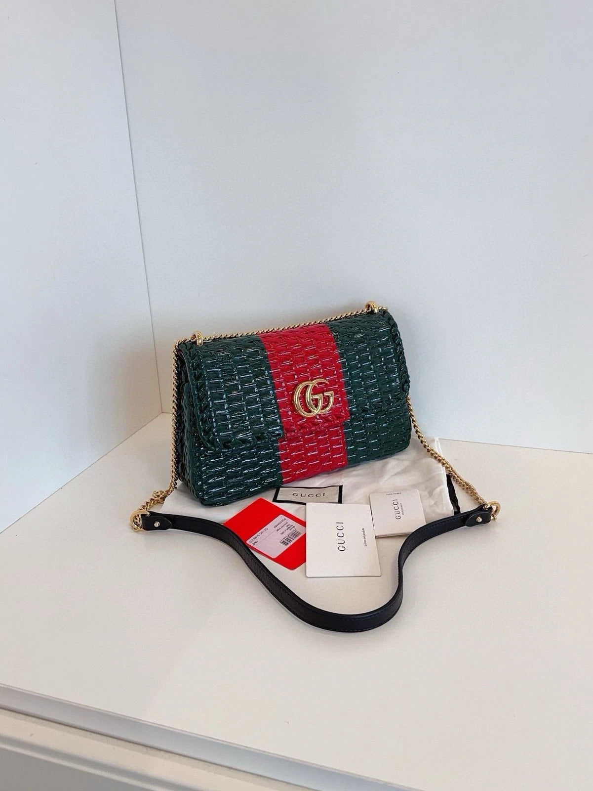 Gucci Women Green Red Striped Woven Chain Shoulder Bag