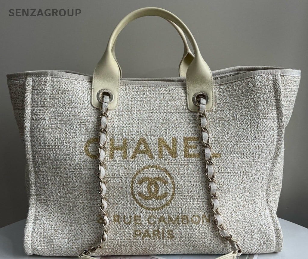 Chanel Fabric Deauvliie Canvas Tote Handbag Chain Shoulder Bag White Used Women
