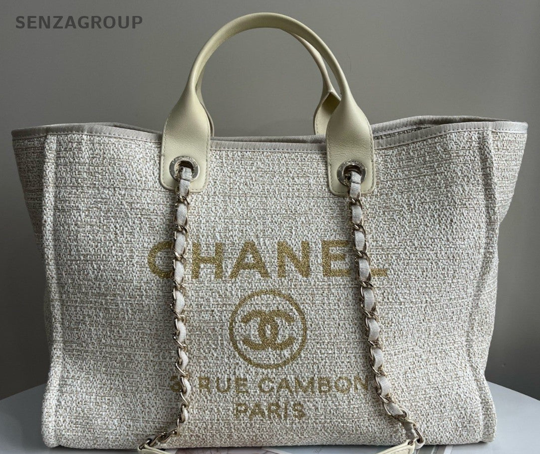 Chanel Fabric Deauvliie Canvas Tote Handbag Chain Shoulder Bag White Used Women
