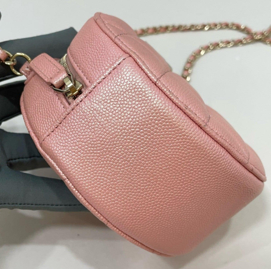 Chanel Diamond Lambskin Round Bag Chain Crossbody Pink Gold Women Classic