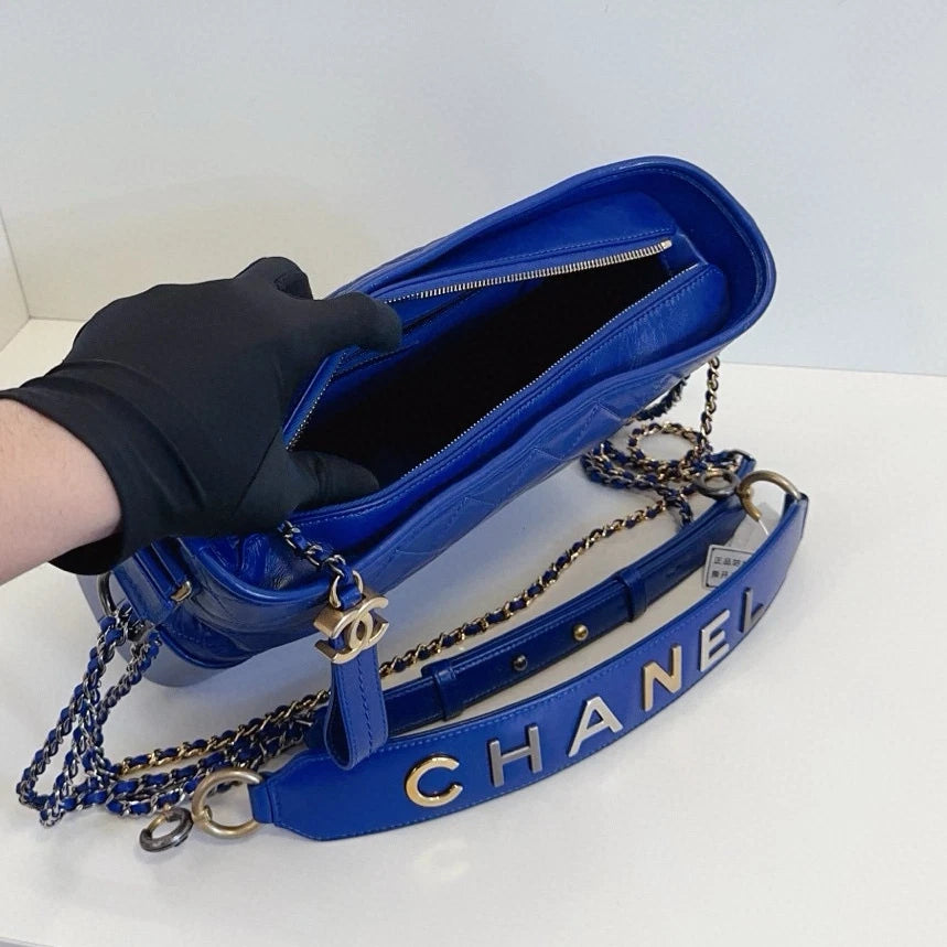 Chanel Gabrielle MM Chain Top Handle Shoulder Crossbody Blue Gold Women Classic
