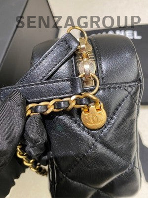 Chanel Quilted Caviar Camera Bag with Pearl Chain Black Gold Crossbody