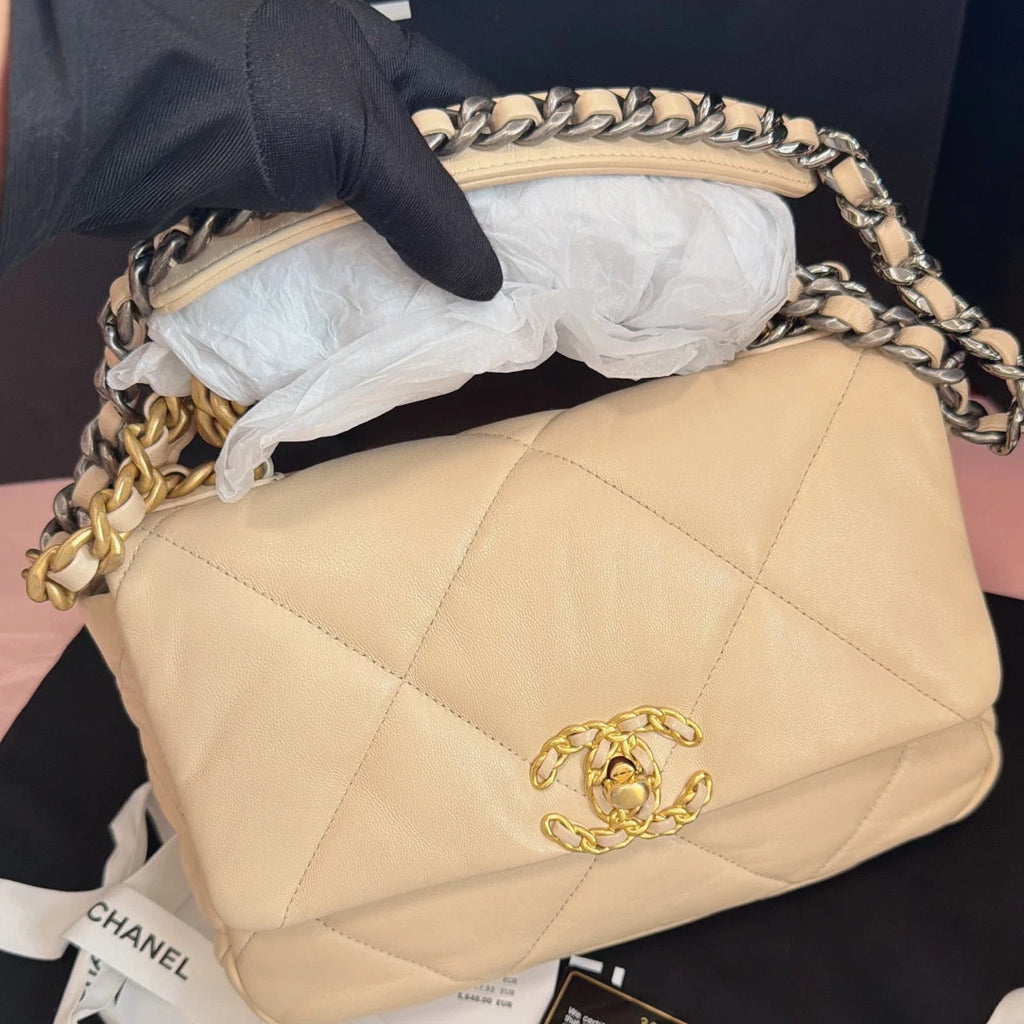 Chanel 19Bag PM Chain Shoulder Bag Crossbody Beige Gold Women Classic