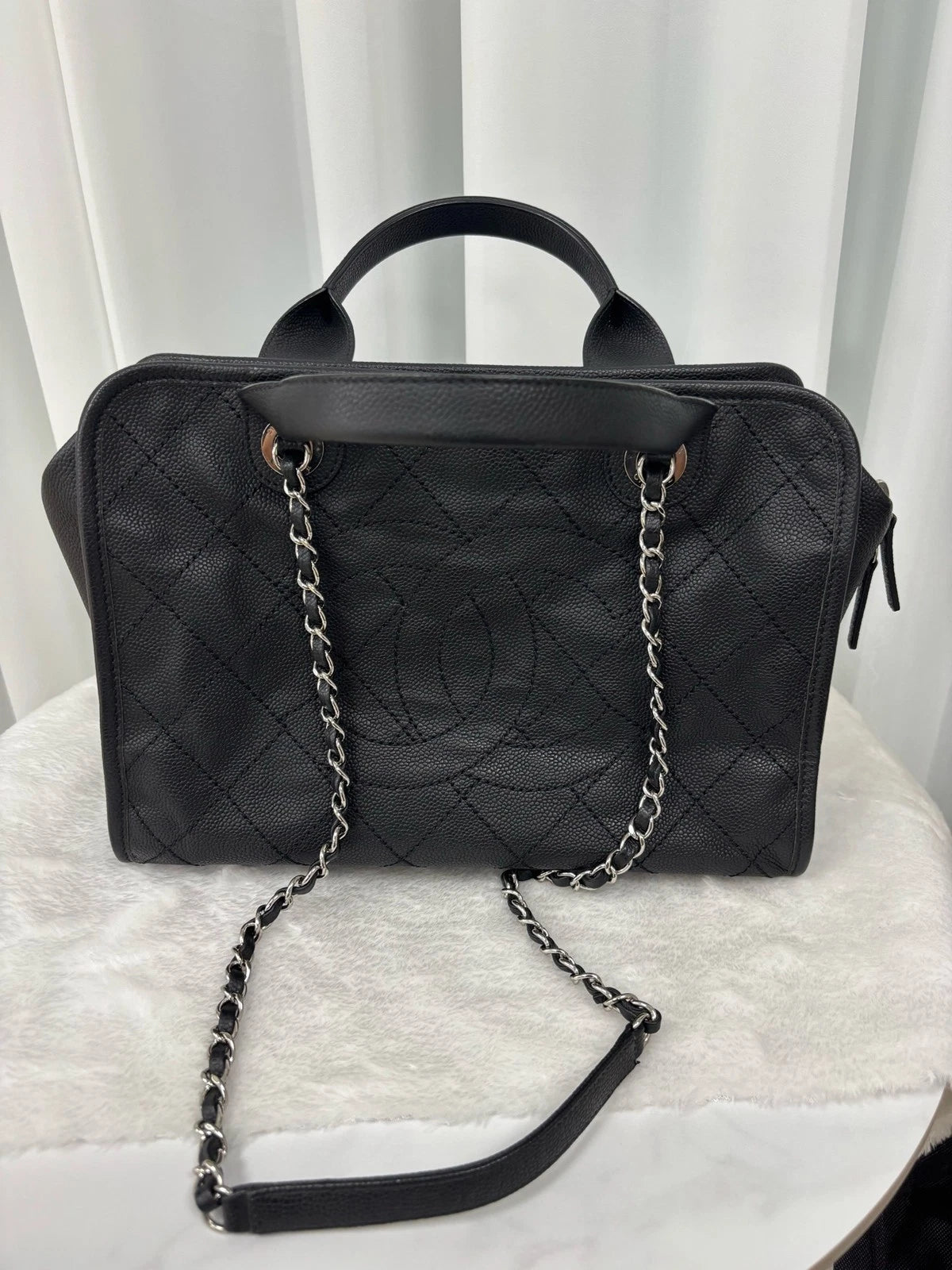 Authentic CHANEL Black Leather Big Logo Bowling Bag for Women