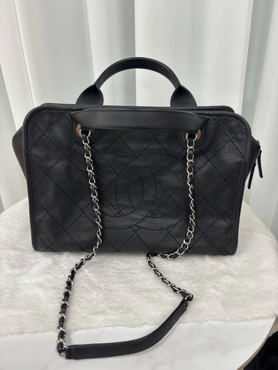 Authentic CHANEL Black Leather Big Logo Bowling Bag for Women