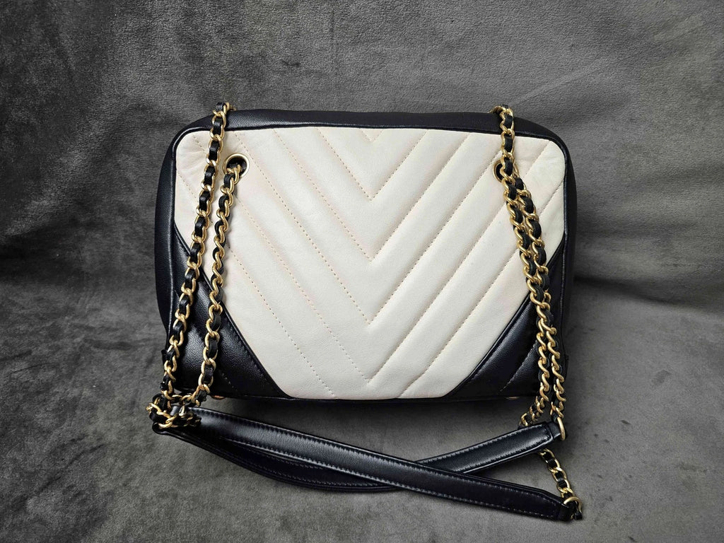 CHANEL Black White V Pattern Gold Button Camera Shoulder Bag Women