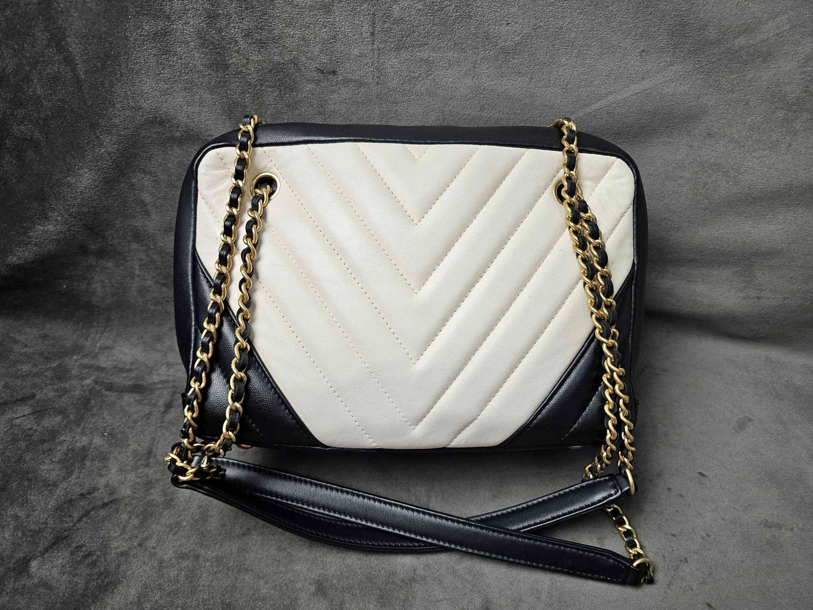 CHANEL Black White V Pattern Gold Button Camera Shoulder Bag Women