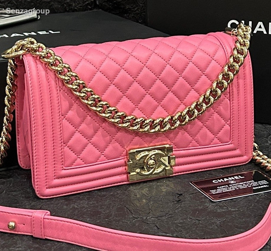 Chanel Leboy MM Calfskin Chain Shoulder Bag Crossbody Pink Gold Women Classic