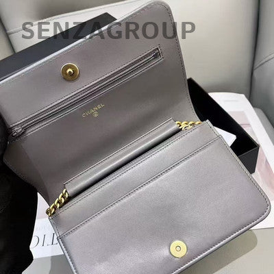 Chanel Grey Gold Hardware Le Boy WOC Chain Quilted Shoulder Bag