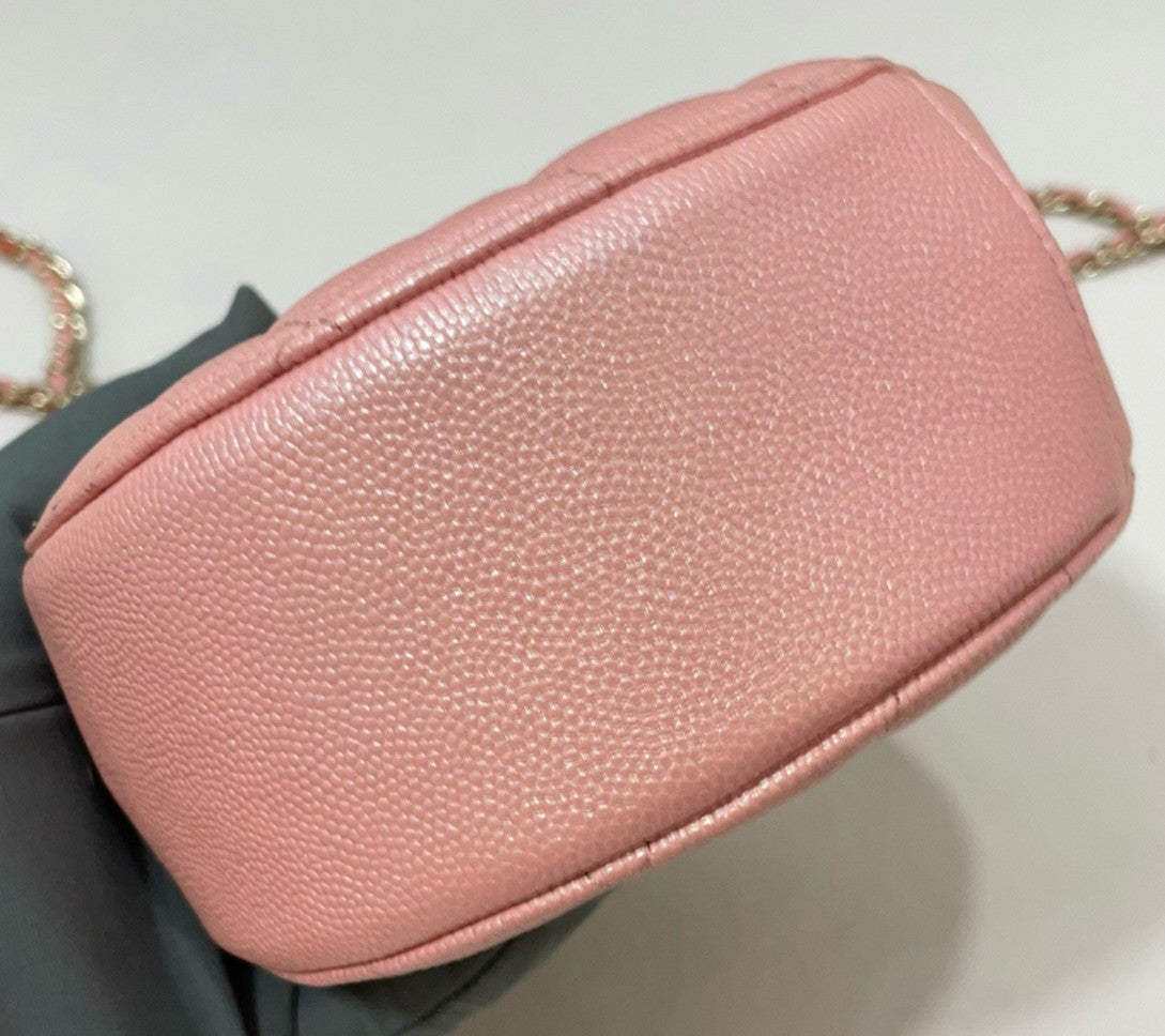 Chanel Diamond Lambskin Round Bag Chain Crossbody Pink Gold Women Classic