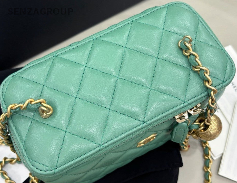 Chanel Chain Diamond Shoulder Bag Crossbody Green Gold Women Classic Zipping
