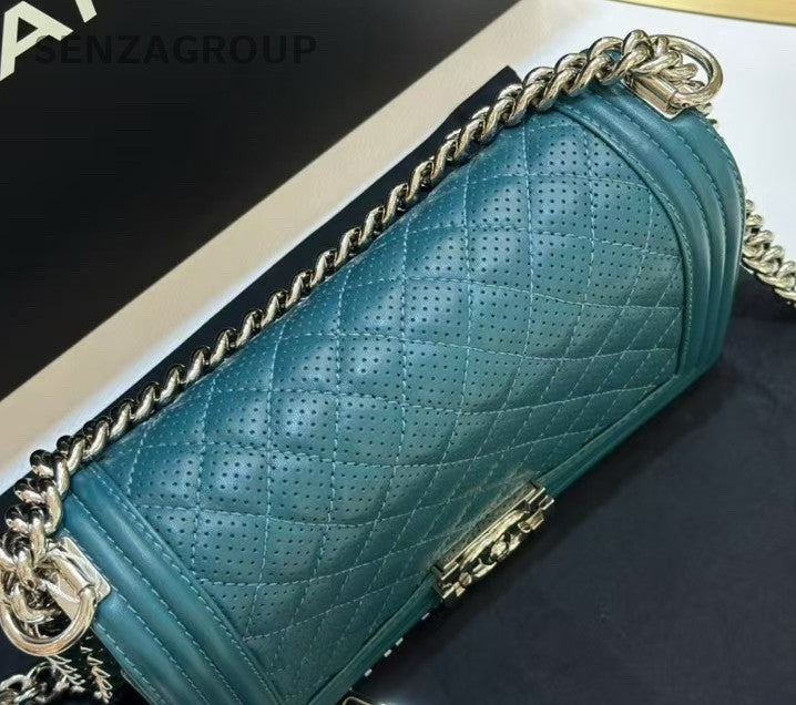 Chanel Leboy MM Chain Shoulder Bag Crossbody Green Silver Diamond Women Classic