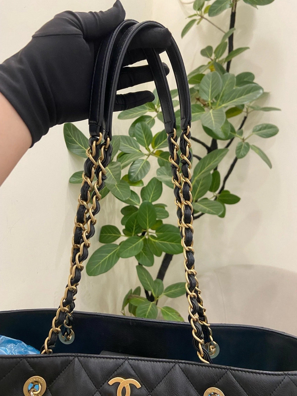 Chanel Tote GM Chain Shoulder Bag Black Gold Diamond Women Classic