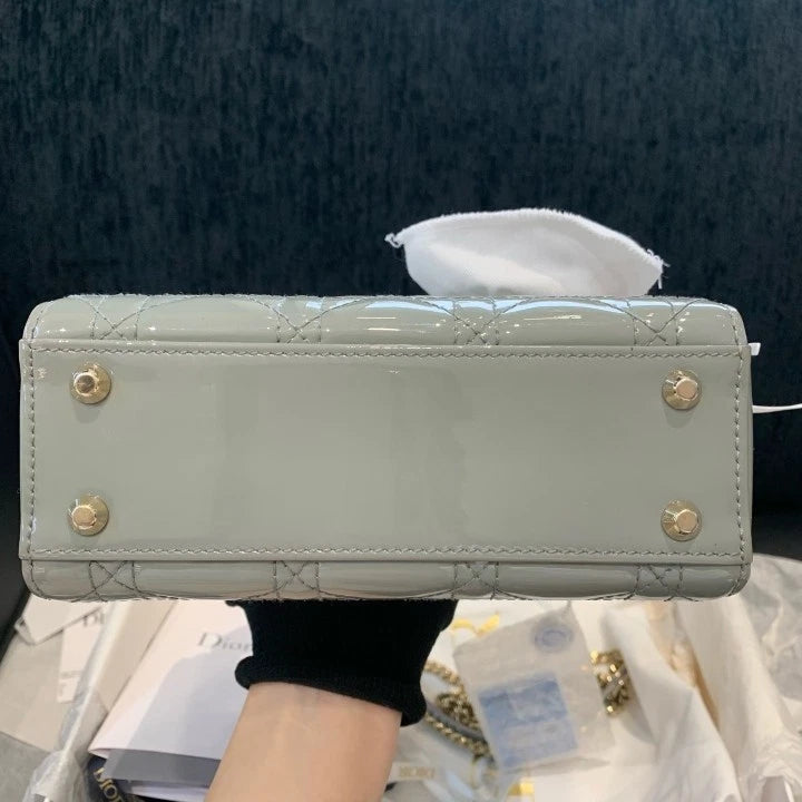 Christian Dior Lady Dior Patent Chain Crossbody Top Handle Bag Gray Gold Women D