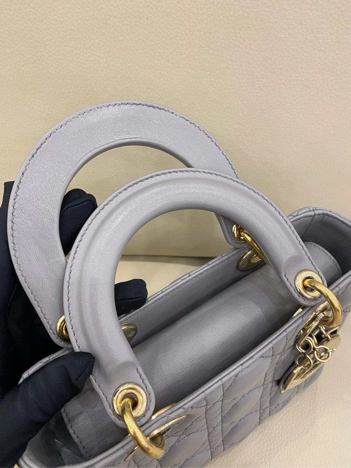 Dior Lady Dior Lambskin Gray Shoulder Bag Top Handle Excellent