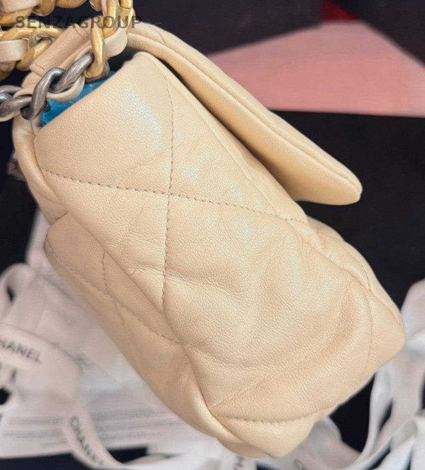 Chanel 19Bag Diamond PM Chain Shoulder Bag Beige Gold Women Classic Fashion