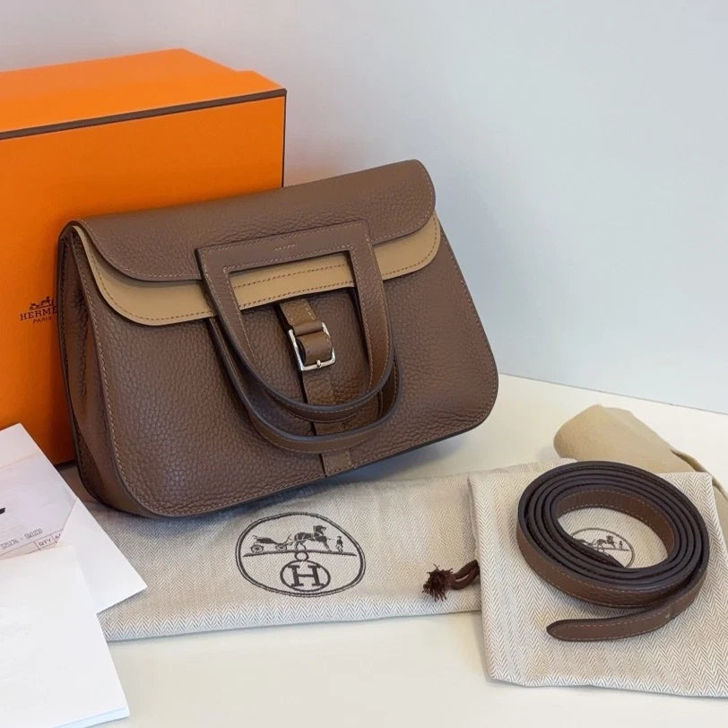 Hermes Halzan25 Shoulder Bag Crossbody Brown Silver Women Classic