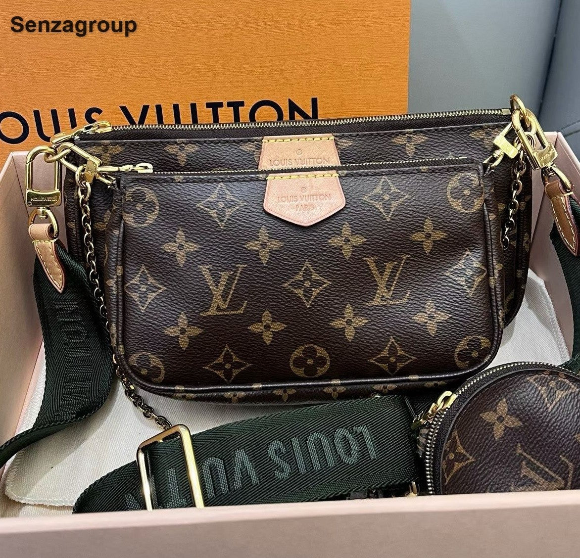 Louis Vuitton Multi Pochette Monogram Chain Shoulder Crossbody Brown Gold Women