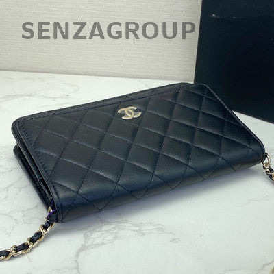 Chanel Quilted Black Silver Lambskin WOC Pearl Chain Crossbody Bag
