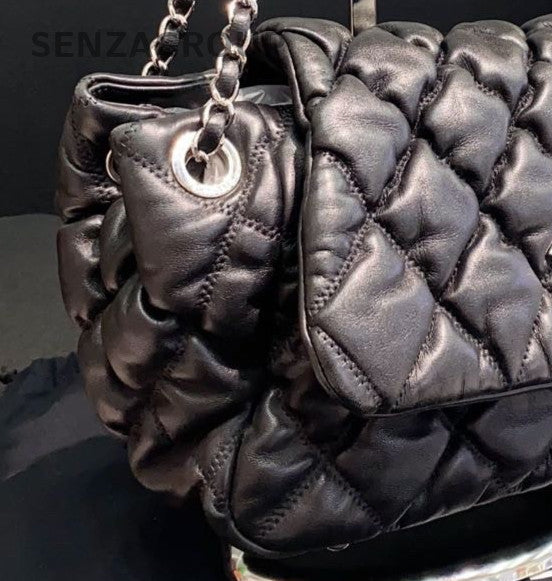 Chanel Lambskin Leather Vintage Chain Shoulder Bag Black Silver Women Classic