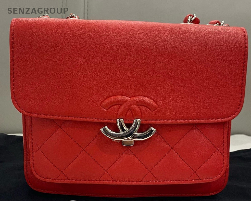 Chanel Cuba Series 18P Lambskin Chain Shoulder Bag Red Silver Women Classic