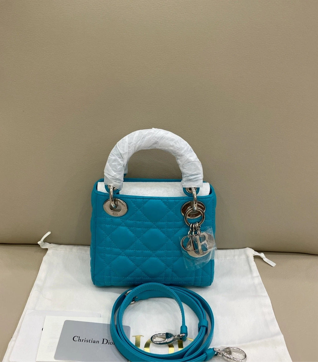 Dior Lady Dior Leather Blue Shoulder Bag Excellent