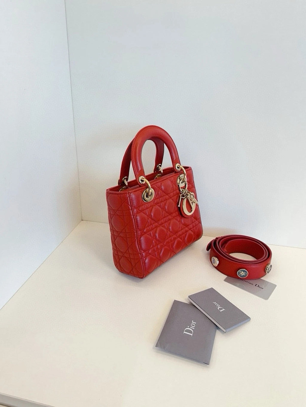 Dior Lady Dior Leather Red Shoulder Bag Excellent