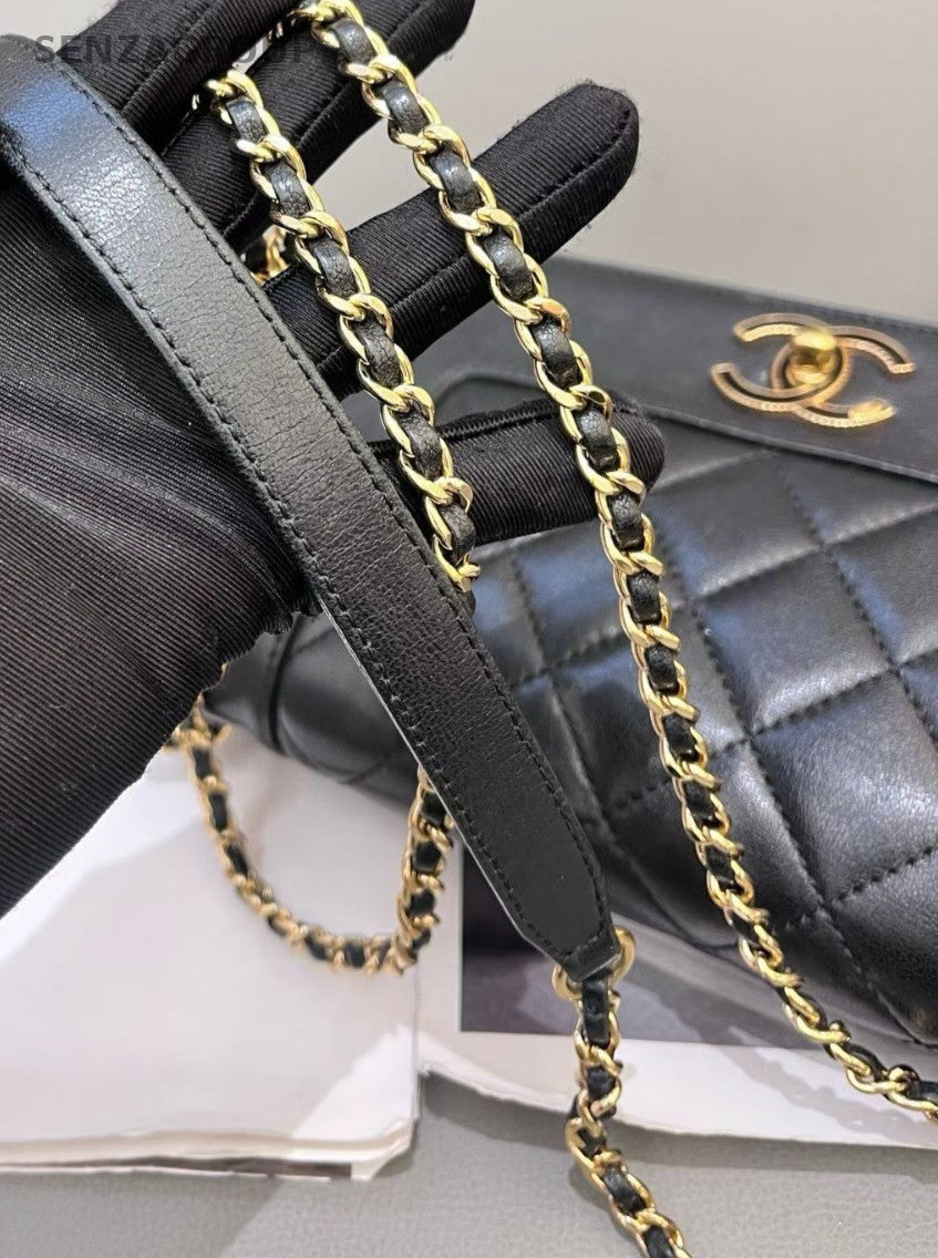 Chanel Classic Flap Calfskin Chain Shoulder Black Gold Diamond Women Designer