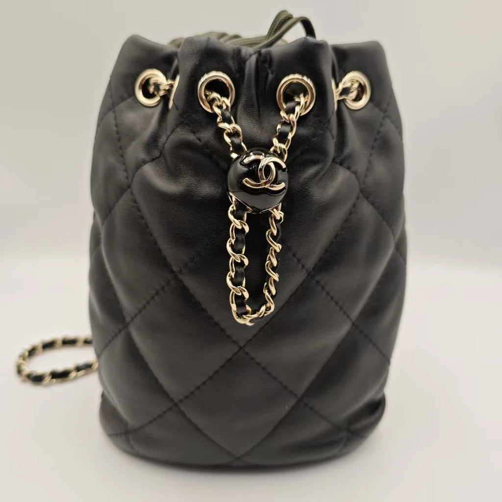 CHANEL Mini Black Gold Hardware Bucket Drawstring Backpack For Women
