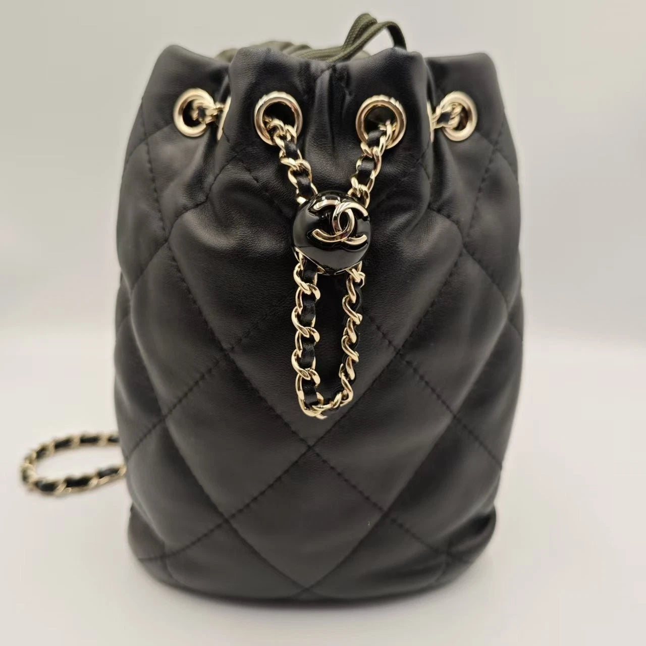 CHANEL Mini Black Gold Hardware Bucket Drawstring Backpack For Women