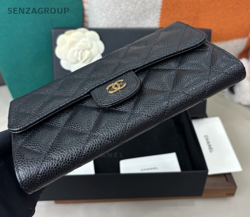 Chanel Classic Flap Long Wallet Clutch Diamond Women Black Gold Fashion