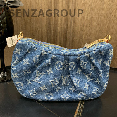 Louis Vuitton Denim Monogram Blue Gold Clasp Tote Shoulder Bag Women