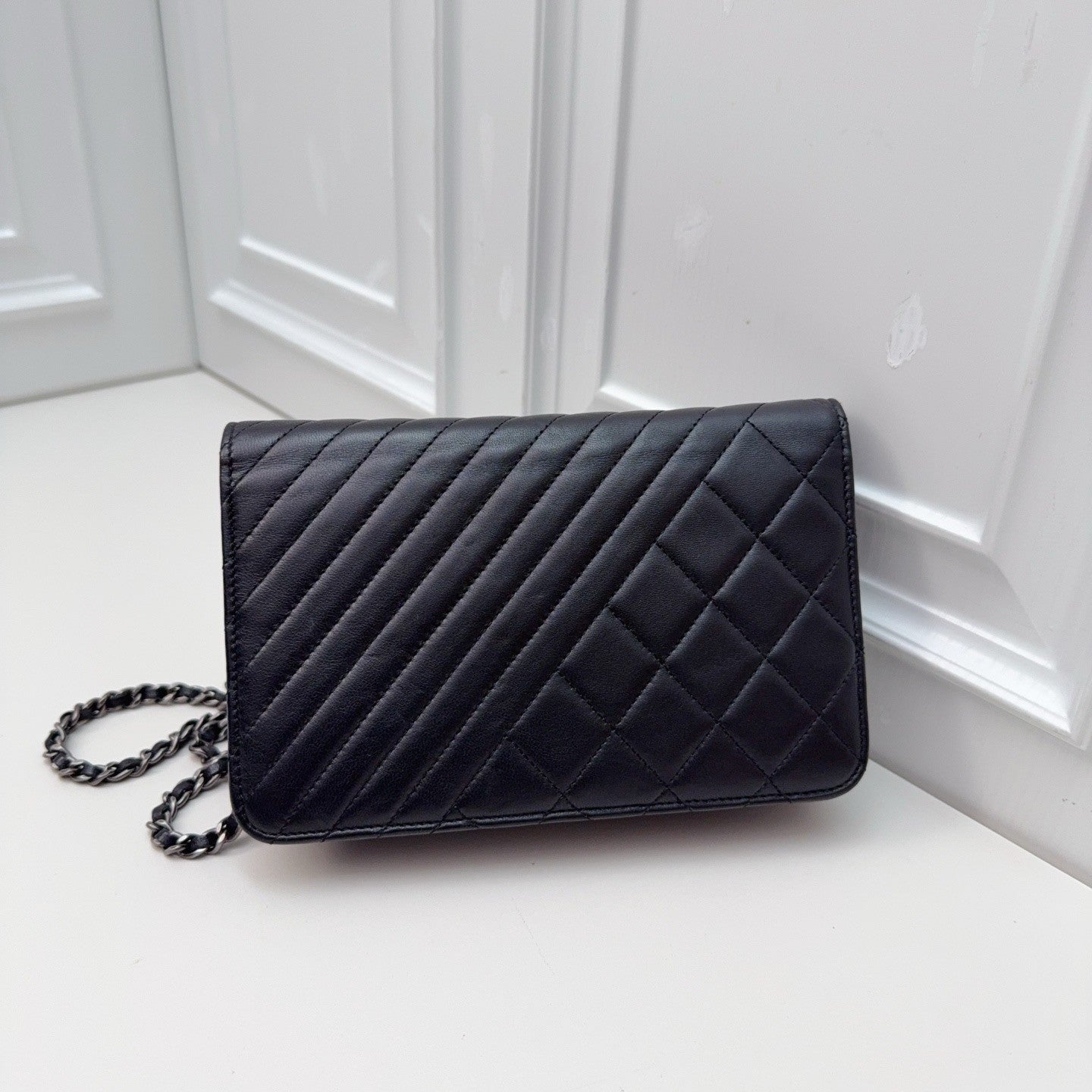 CHANEL Woc Lambskin Chain Shoulder bag Black Silver Women Crossbody