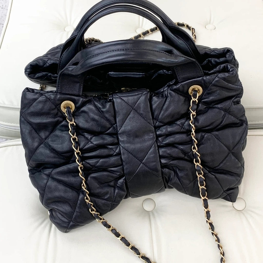 Chanel Lambskin MM 2Ways Top Handle Shoulder Bag Black Gold Hardware Women S