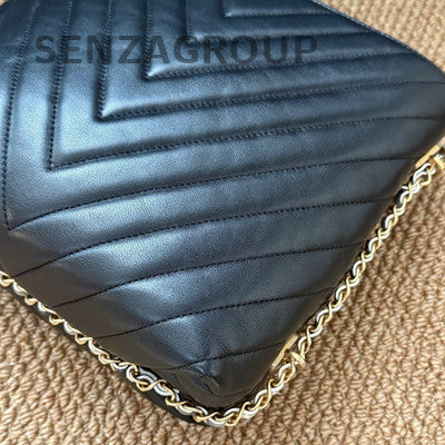 Chanel Black Gold V-Stitch Chain Shoulder Bag Classic Women's