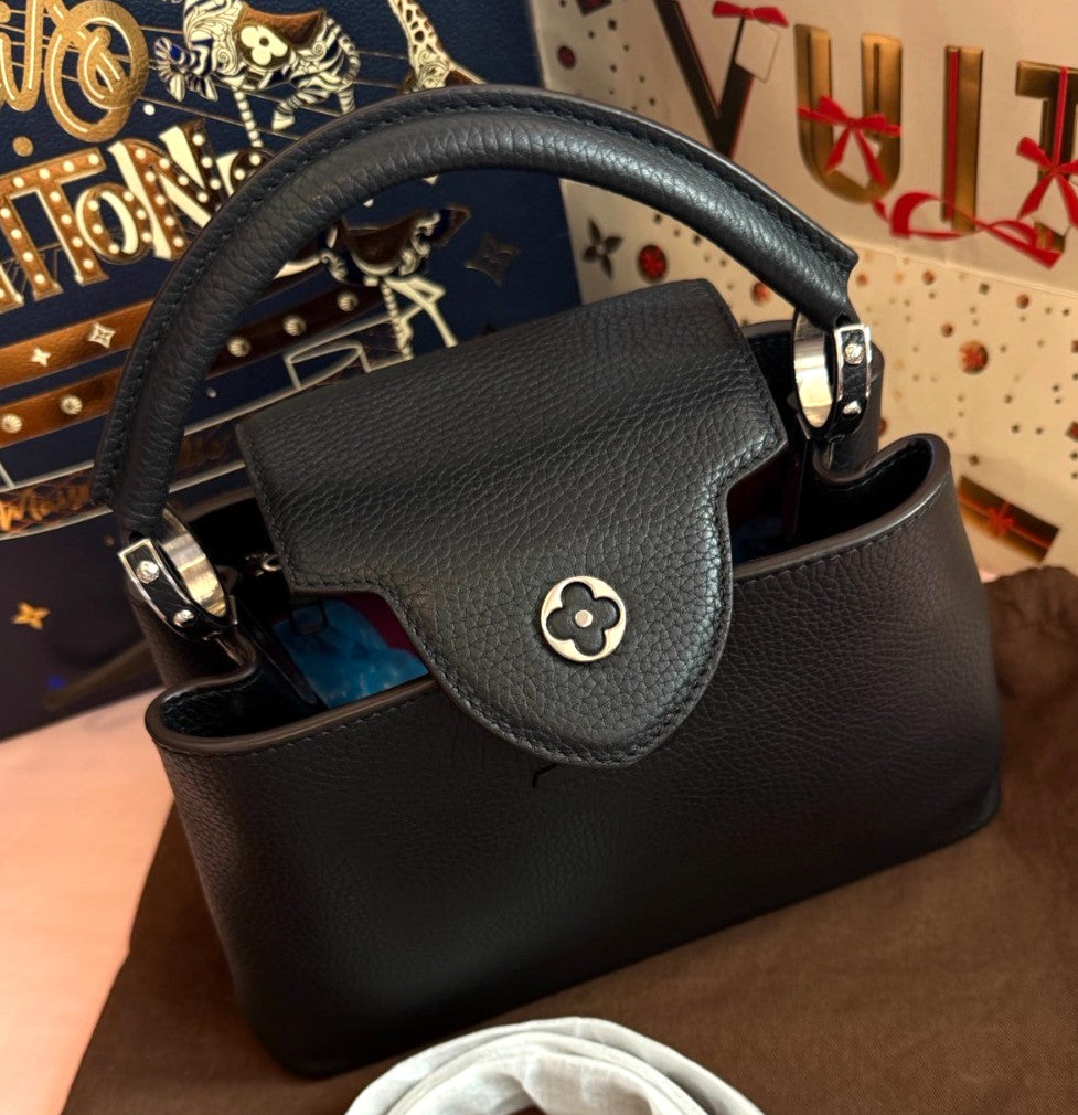 Louis Vuitton Capucines BB Calfskin Top Handle Bag Crossbody Black Silver Women