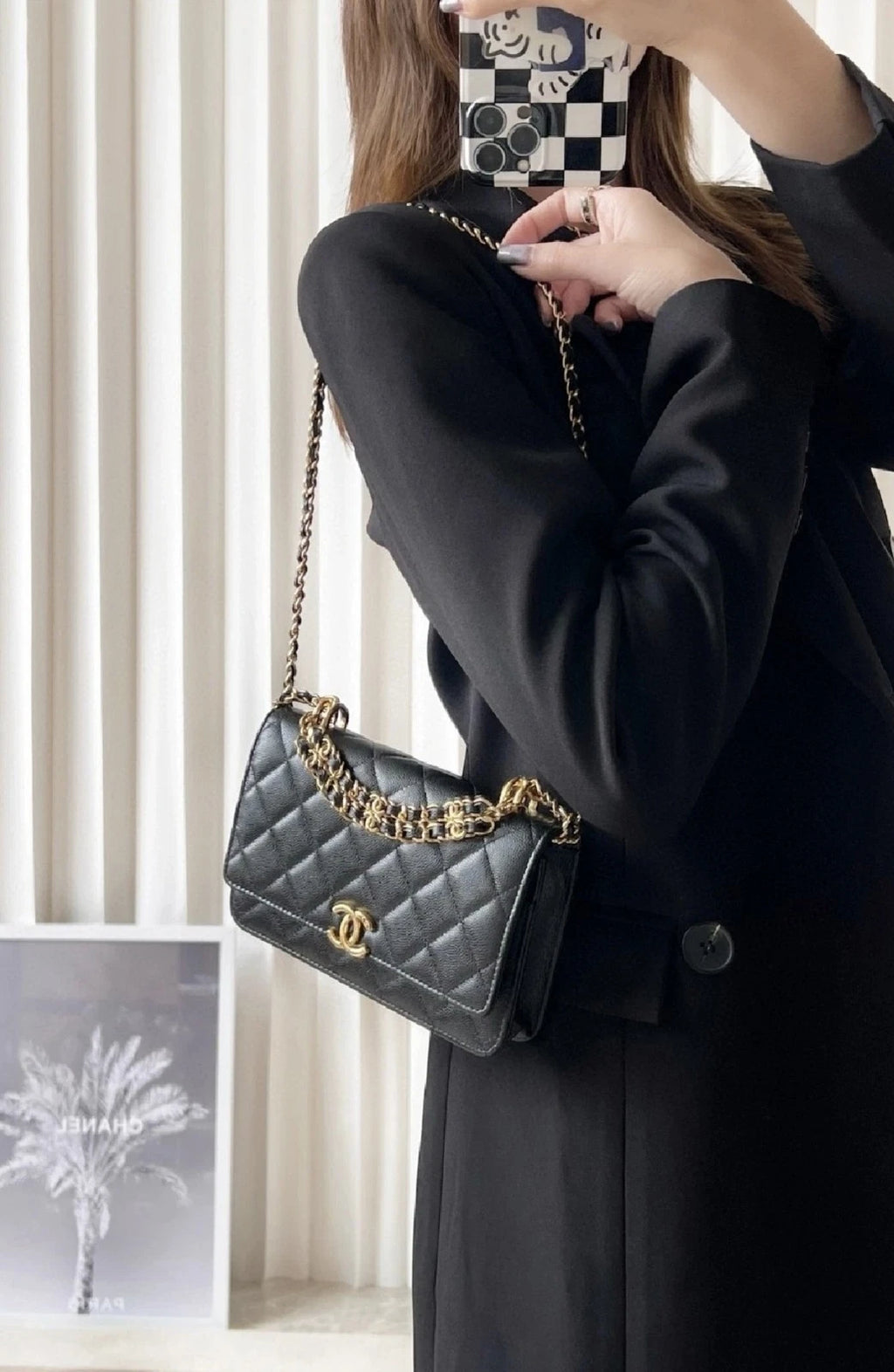 CHANEL Black Leather WOC Shoulder Handbag Crossbody For Women