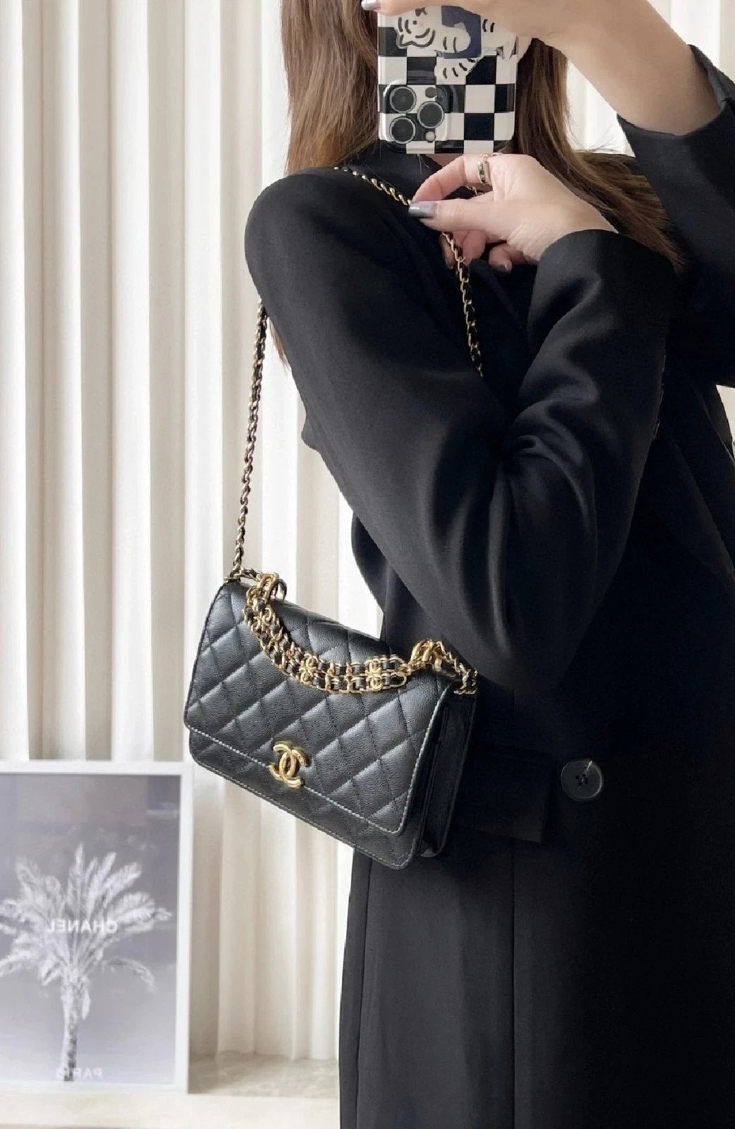CHANEL Black Leather WOC Shoulder Handbag Crossbody For Women