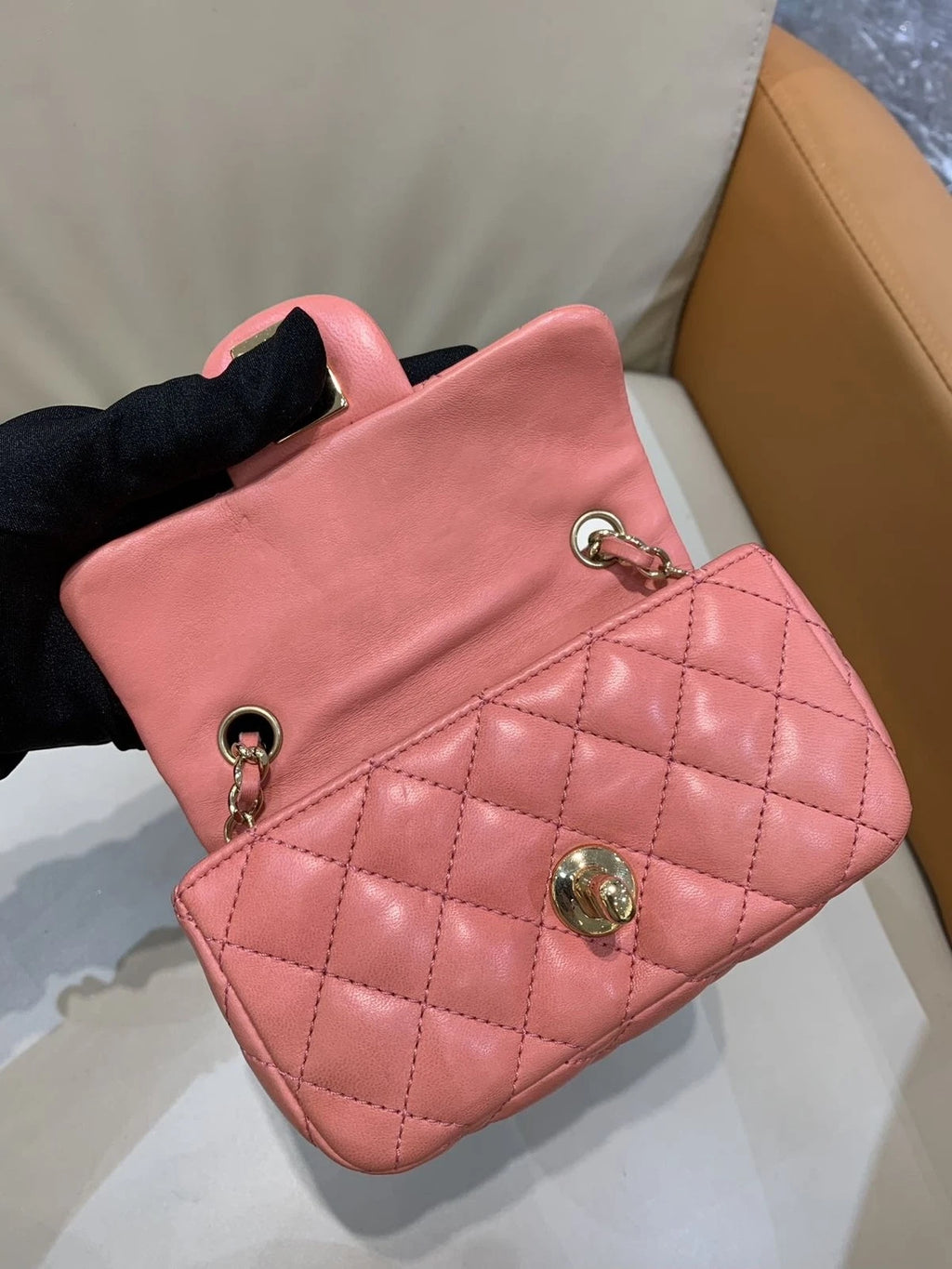 CHANEL Peach Pink Gold Buckle Mini Heart Badge Crossbody Bag Women