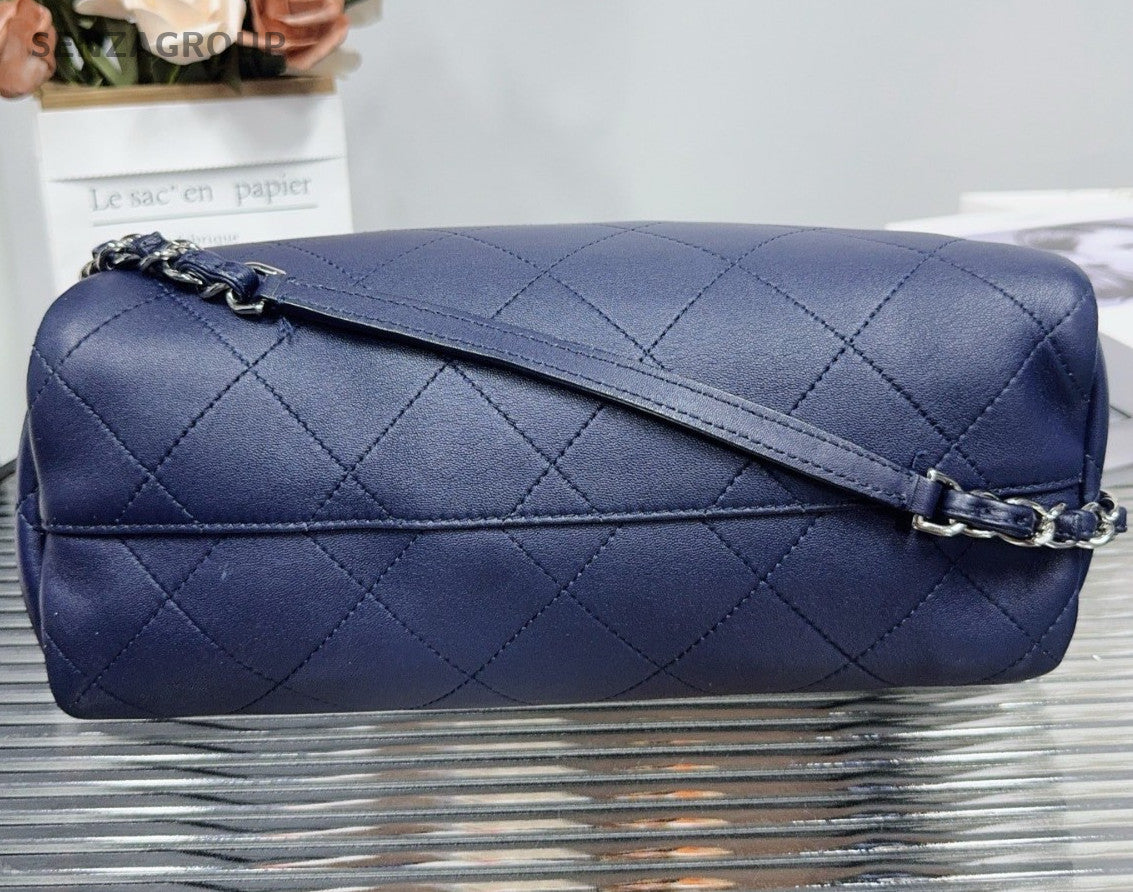 Chanel Calfskin Tote Handbag Chain Shoulder Bag Blue Silver Women Classic