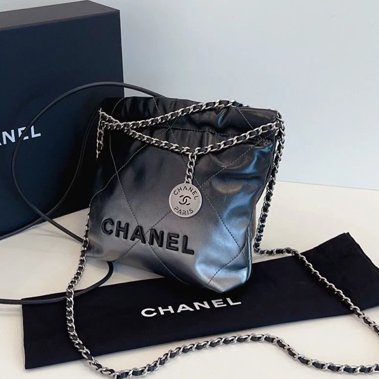 Chanel 22Bag Mini Chain Top Handle Shoulder Crossbody Black Silver Women Classic