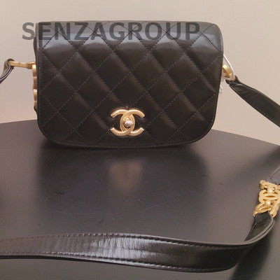 Chanel Black Gold Quilted Calfskin Saddle Bag Shoulder Crossbody Classic