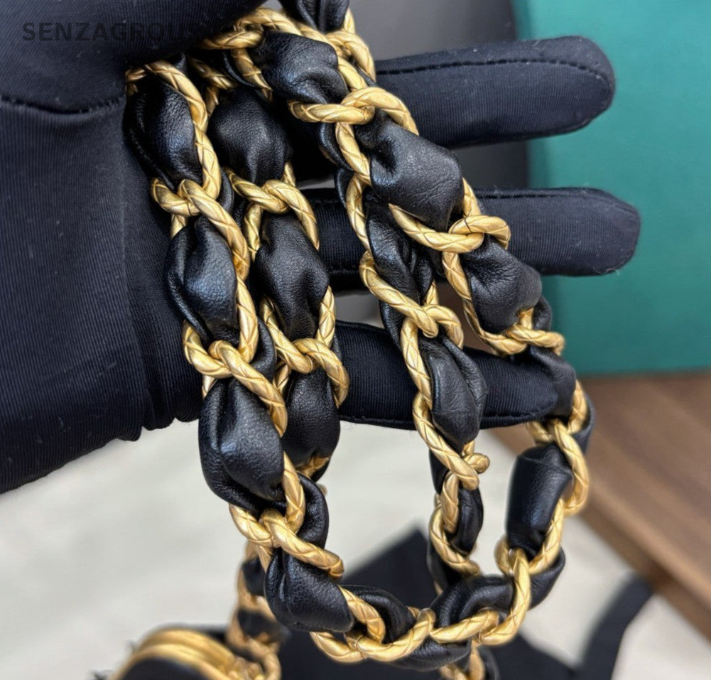 Chanel Ribbon Chain Clutch Shoulder Bag Black Gold Used Women Classic Designer
