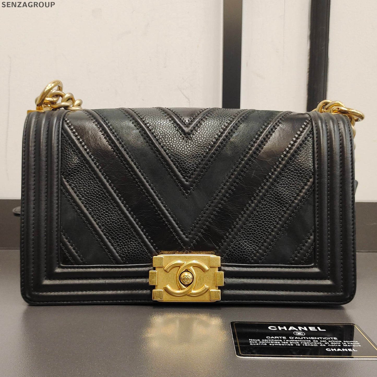 Chanel Le Boy Medium Black Gold Chevron Chain Shoulder Bag Classic