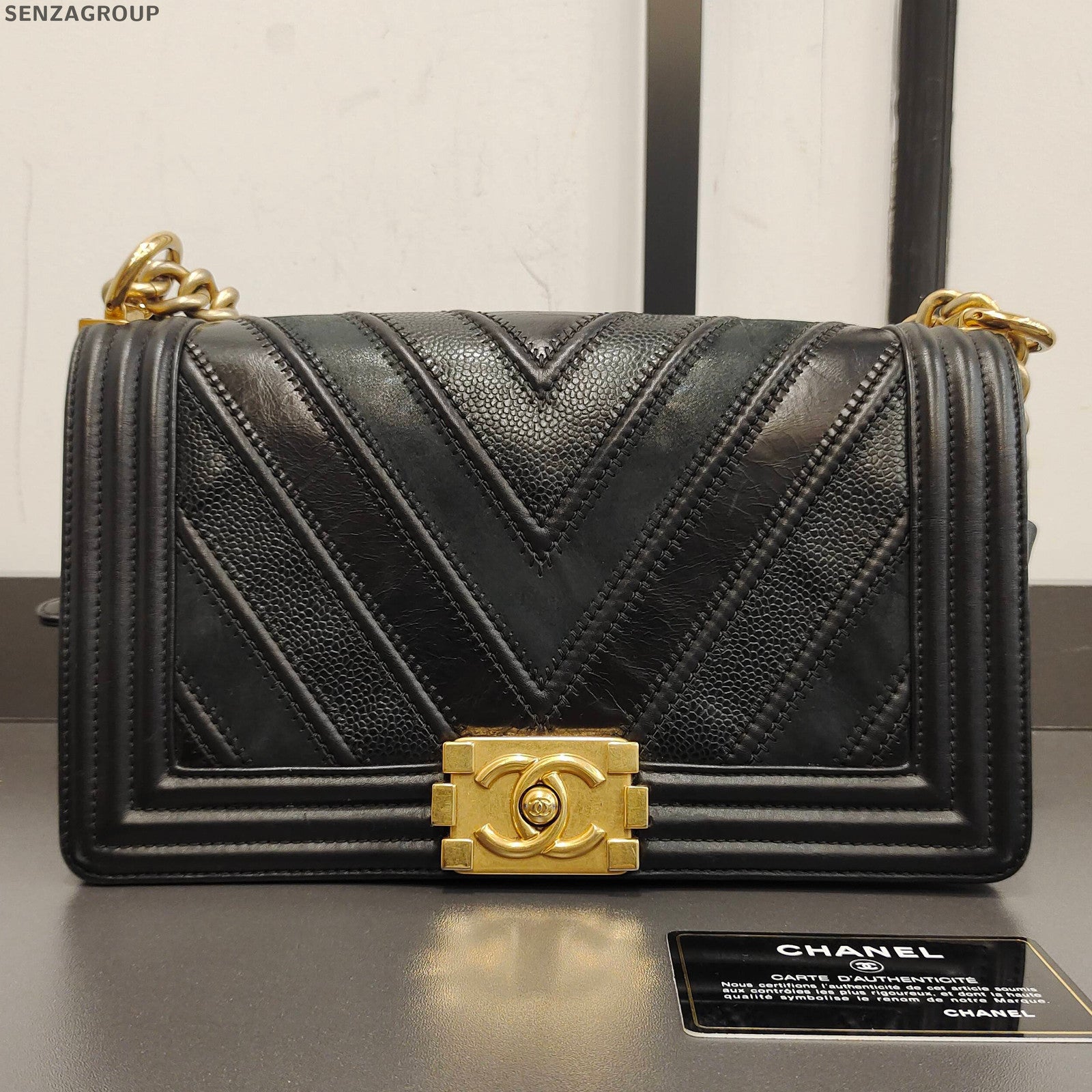 Chanel Le Boy Medium Black Gold Chevron Chain Shoulder Bag Classic